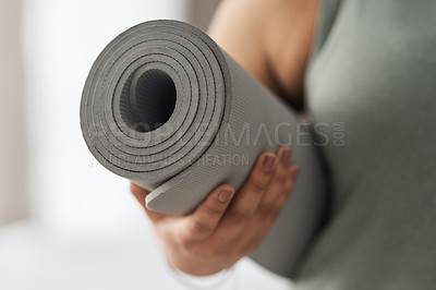 Buy stock photo Woman, hand and mat for yoga in home, fitness meditation and ready for stretching in living room. Female person, arm and tool for pilates exercise in apartment, mindfulness and aerobic self care