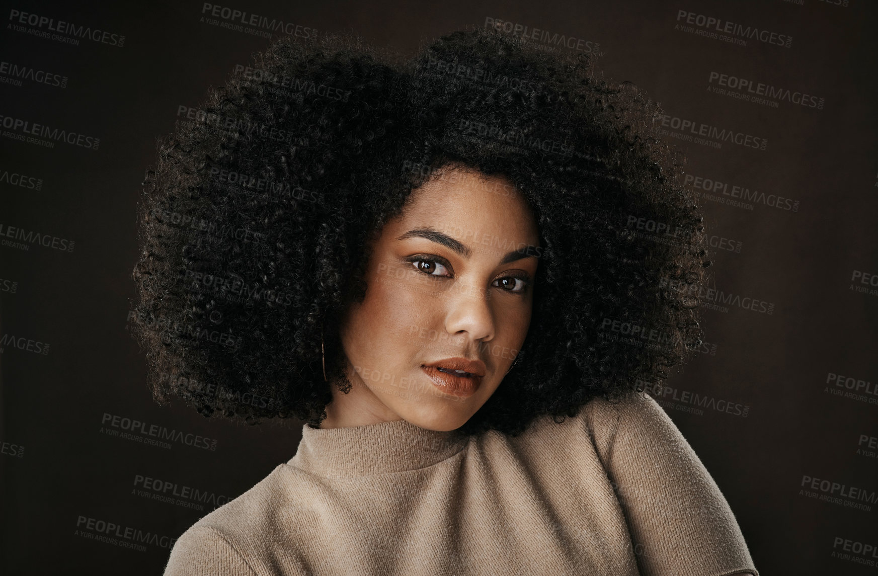 Buy stock photo Afro, portrait and woman with beauty for glow, studio or haircare for natural texture with cosmetics. Dark background, self care and African person with makeup, wellness and healthy hair in Brazil