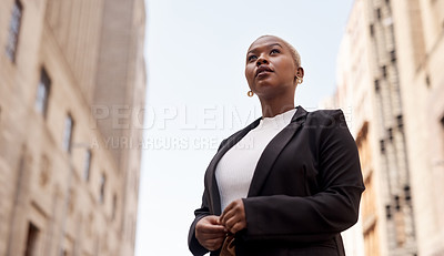 Buy stock photo Business, employee and black woman in the city, career and confident lady travelling in town. Female person, entrepreneur and consultant in the outside, formal and professional with startup success