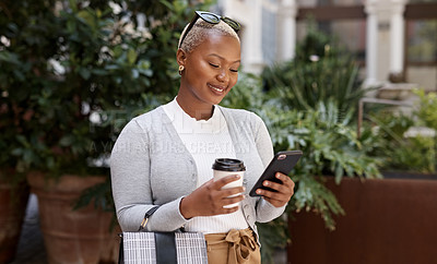 Buy stock photo Business, smile and black woman with a smartphone, city and connection for social media, communication and chatting. Female person, girl and entrepreneur with a cellphone, mobile app and lady outside