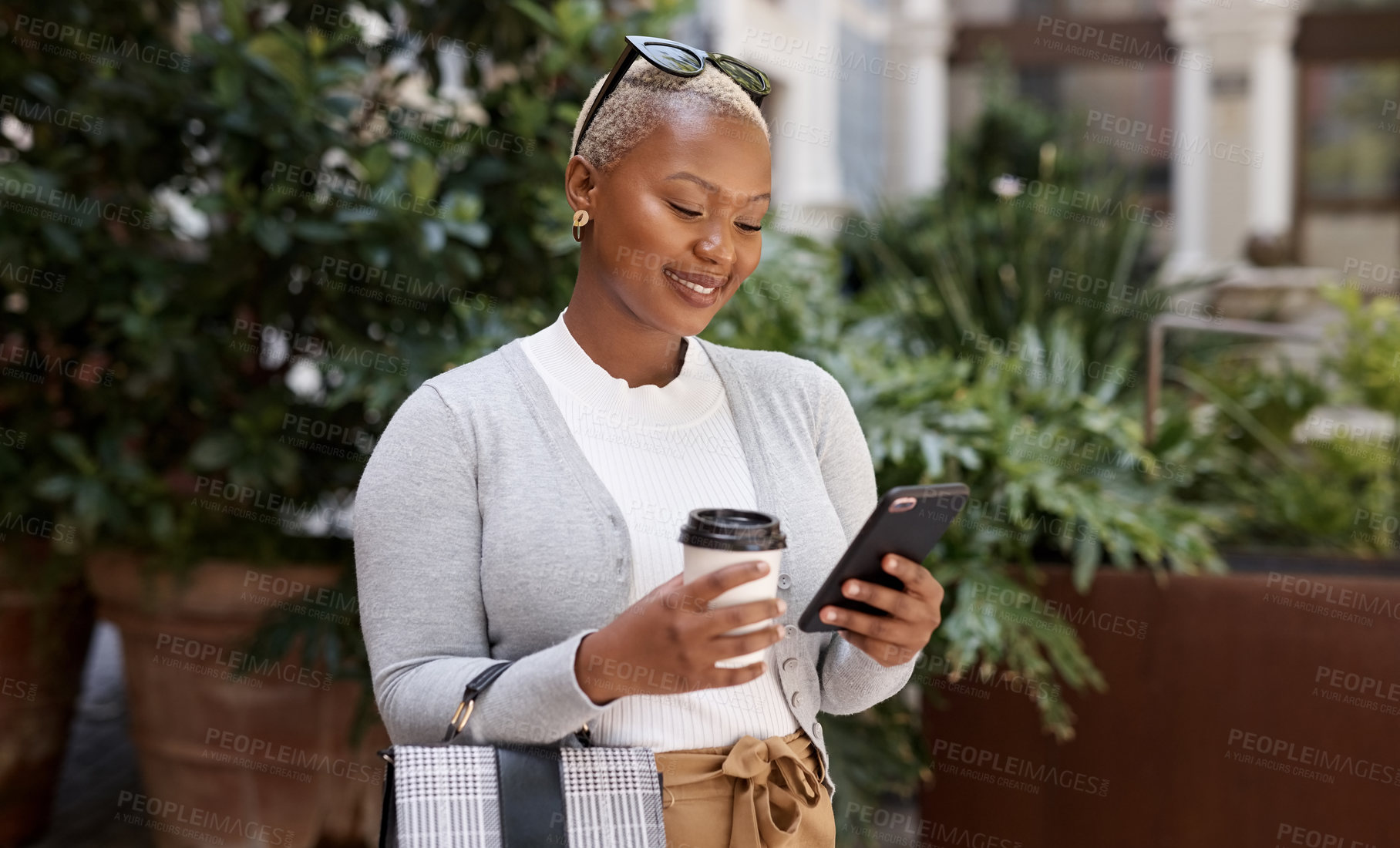 Buy stock photo Business, smile and black woman with a smartphone, city and connection for social media, communication and chatting. Female person, girl and entrepreneur with a cellphone, mobile app and lady outside