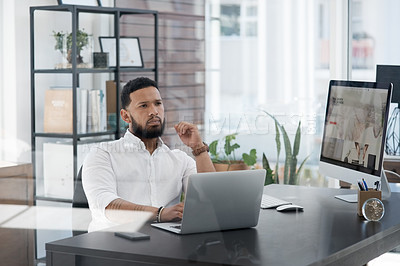 Buy stock photo Thinking, business and man with a laptop, ideas or opportunity with planning, career or project. Male person, employee or entrepreneur with decision, wonder and professional with technology or goals