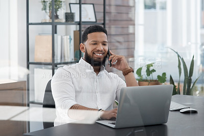 Buy stock photo Laptop, phone call and email with a business man at his desk in the office for communication or planning. Computer, mobile and contact with a male employee working online for company negotiation