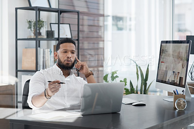 Buy stock photo Laptop, phone call and planning with a business man at his desk in the office for communication or networking. Computer, mobile and contact with a male employee working online for company negotiation