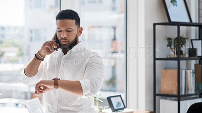 Buy stock photo Work, time check and a businessman on a phone call for communication, appointment and conversation. Late, talking and a corporate employee reading a watch for notification while speaking on a mobile