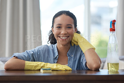 Buy stock photo Woman, cleaner and smile in portrait with spray bottle, detergent or chemical disinfectant for housekeeping. Spring cleaning, service and female housekeeper with smile, liquid soap and clean house