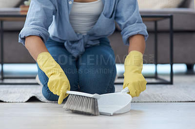 Buy stock photo Closeup, hand broom and woman sweeping, home and spring cleaning with chores, maid and dirt. Zoom, female person and girl with housekeeping, cleaner and messy with dustpan, domestic lady and tidy