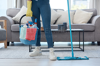 Buy stock photo Bucket, mop and person with product for cleaning, housework and chores in a house. Start, lifestyle and a cleaner with tools to clean the living room, mopping and apartment hygiene in a home