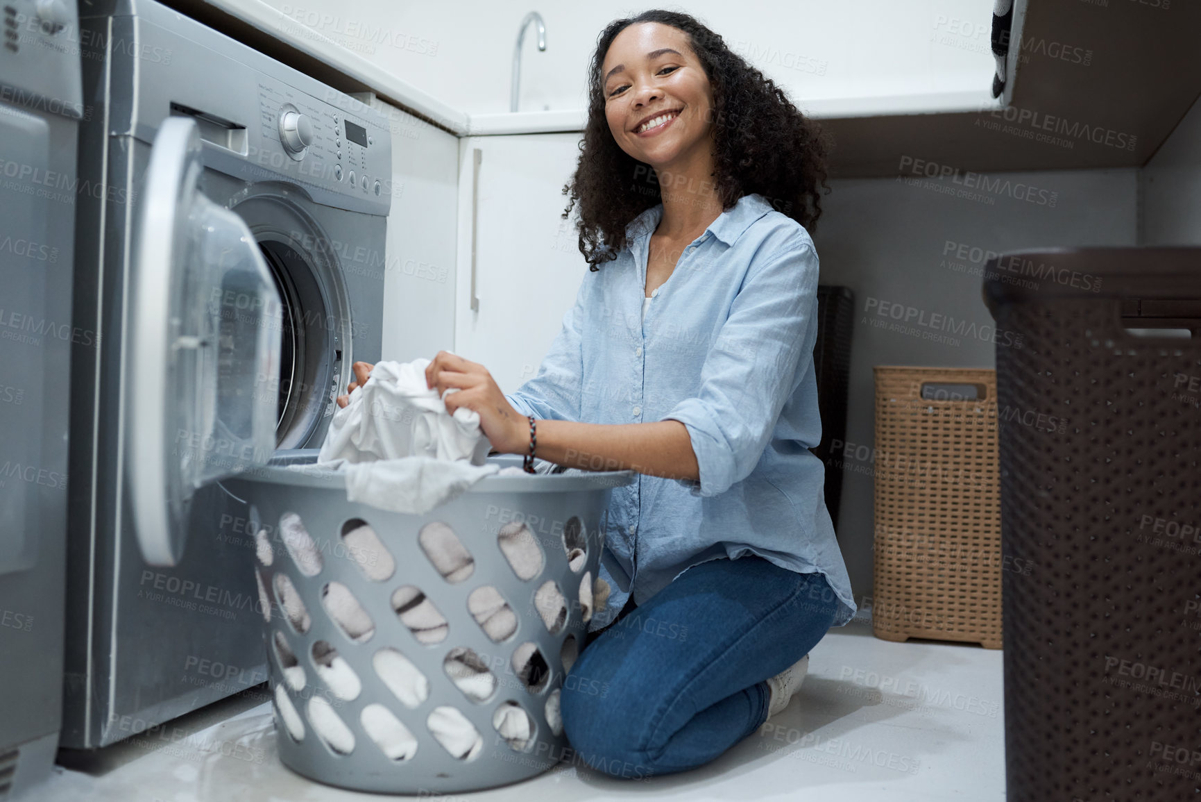 Buy stock photo Woman in portrait, laundry and washing machine, cleaner with basket and housekeeping, dryer and hygiene. Housekeeper service, female person smile with housework, cleaning clothes and appliance