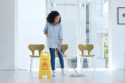 Buy stock photo Cleaning, floor and woman mopping with caution in building of maintenance, hygiene and dirt. Mop, janitor service and cleaner with warning sign, notice and safety information on ground tiles at home
