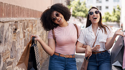 Buy stock photo Friends, women with shopping bag and happiness in city, retail customer and fashion with shopper at outdoor mall. Excited female people in urban street, sale and discount with promotion at boutique 