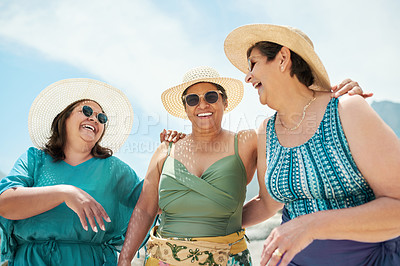 Buy stock photo Happy, friends and senior women on a vacation, adventure or weekend trip together in paradise. Travel, fun and group of elderly females laughing, talking and bonding on a retirement tropical holiday.