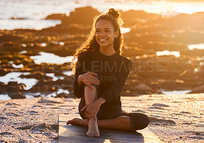 Buy stock photo Sunset, woman with yoga mat and at beach happy with a lens flare. Fitness or exercise, meditation or freedom and female person relax with smile for health wellness with sunlight outdoors for peace