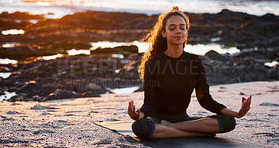 Buy stock photo Woman, beach yoga and sunset with lotus, eyes closed and peace of mind in summer sunshine. Girl, zen meditation and mindfulness for health, wellness and exercise by ocean, chakra balance and energy