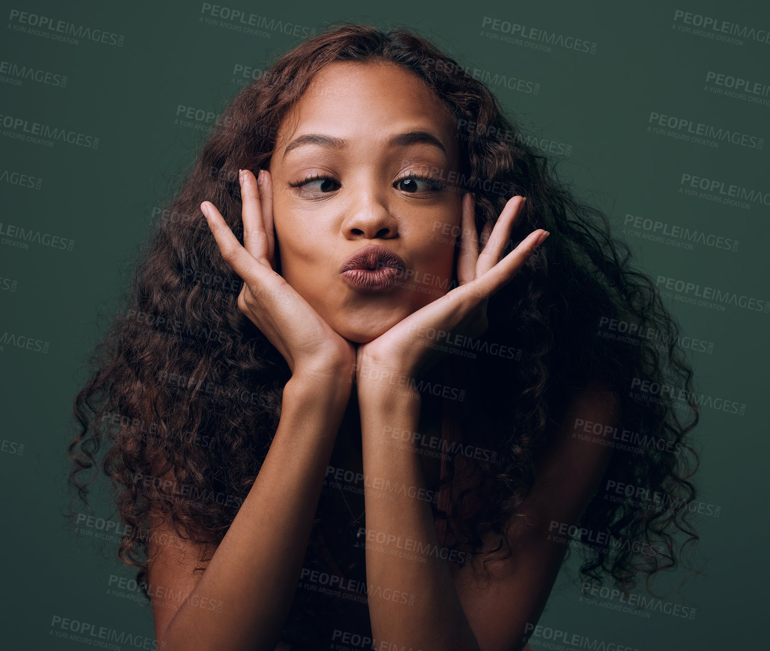 Buy stock photo Woman, silly and face with goofy expression for funny joke, humor or comedy on a dark studio background. Young female person, brunette or quirky model with crazy pout, playful mind or fun attitude