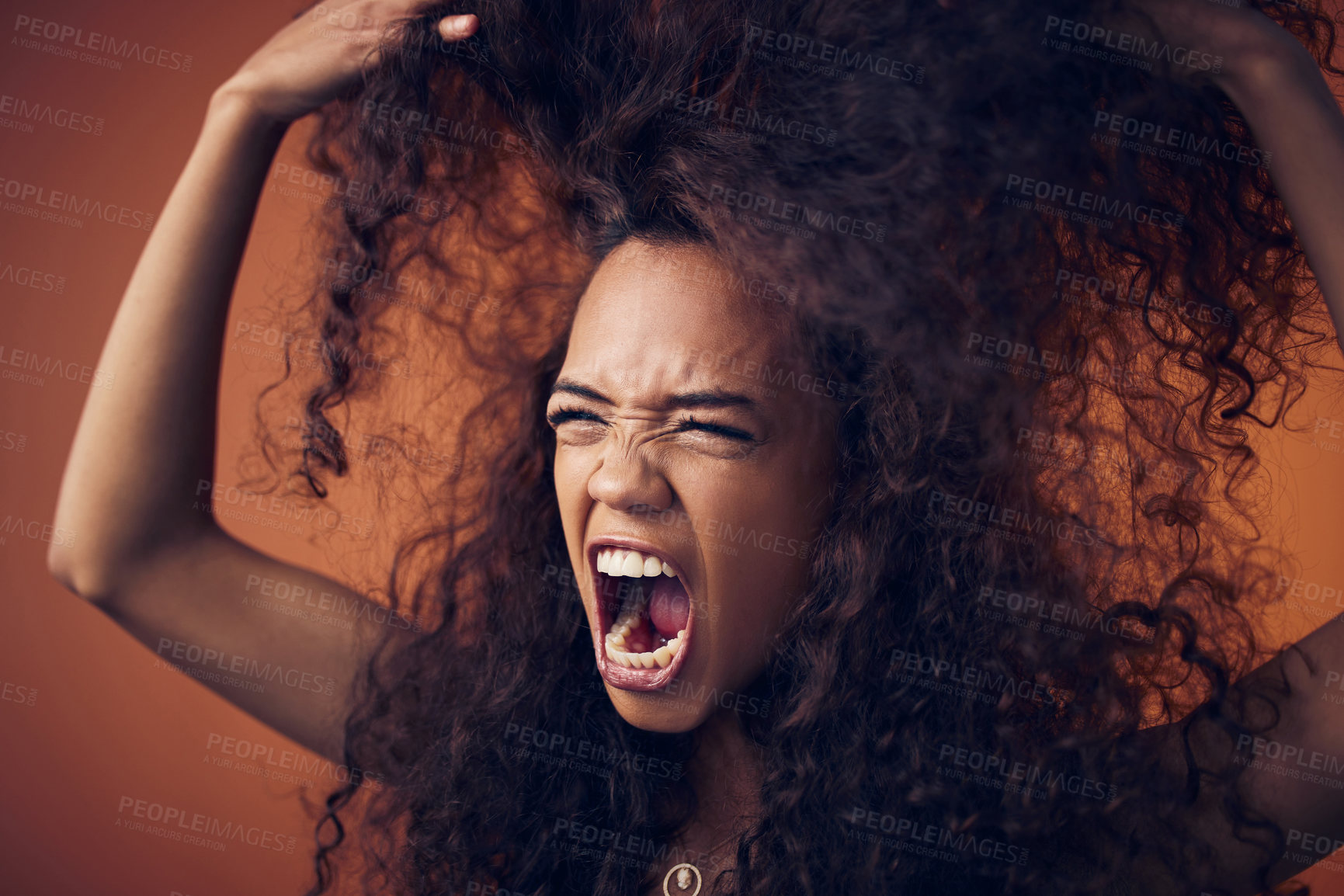 Buy stock photo Woman, curly hair and scream with anger in studio on brown background for damage, treatment and bad result. Female person, isolated and upset or disappointed at style on stress, frizz and frustrated