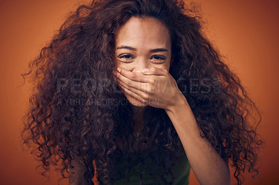 Buy stock photo Hair, portrait and woman laughing in studio with funny, humor or joke on orange background. Haircare, beauty and model with hands on face for comic, reaction or excited for growth, shine and results