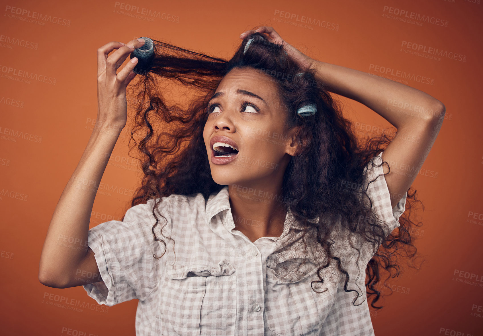 Buy stock photo Woman, hair and disappointed with damage in studio on brown background with shock, treatment and bad results. Female person, isolated and upset or disappointed at style with stress and frustrated