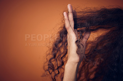 Buy stock photo Mockup, closeup and woman with hair care, fingers and salon treatment for volume, texture and grooming. Zoom, female person and model with scalp massage, curls and beauty against a studio background
