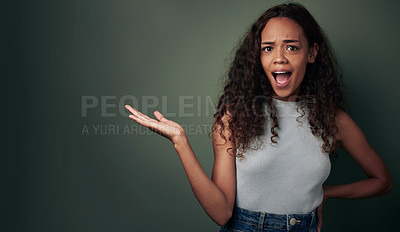 Buy stock photo Surprise, presenting and portrait of woman on green background for news, announcement and discount. Excited, shock and isolated person with gesture for showing, promotion and advertising in studio