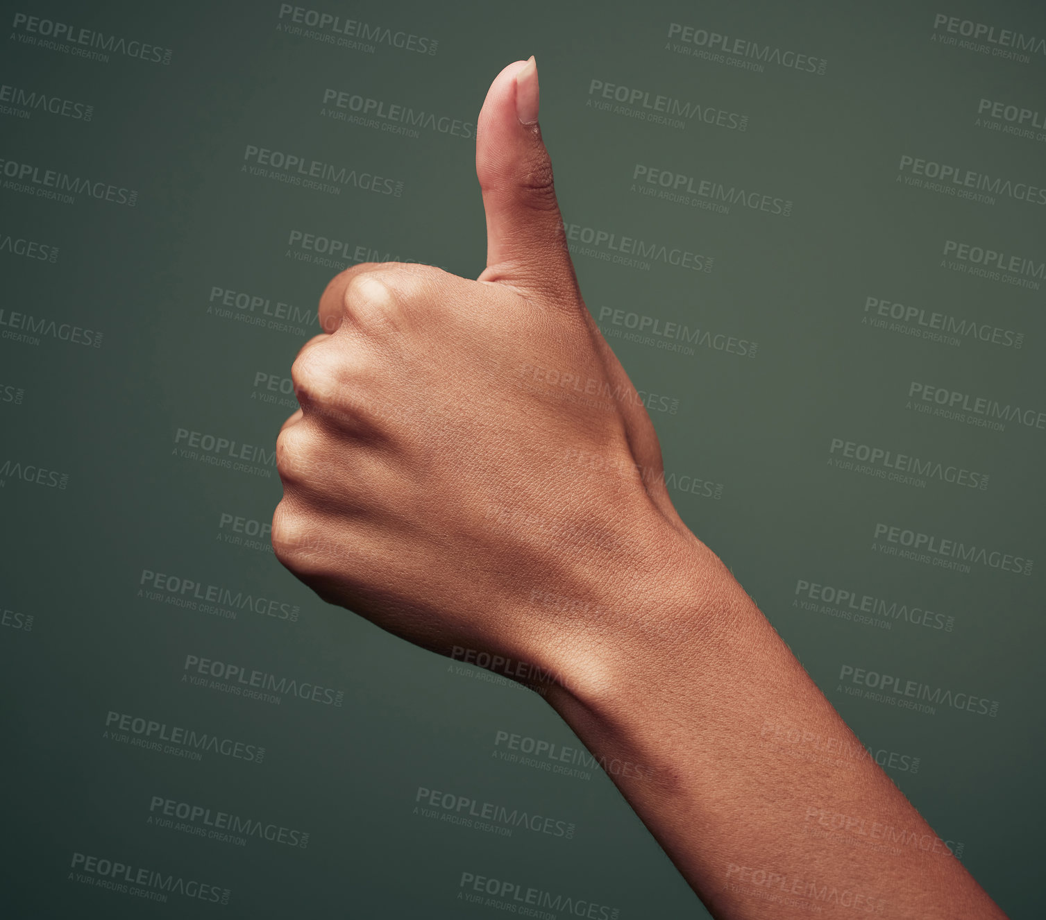 Buy stock photo Thumbs up, hand gesture with emoji and agreement, person with approval and feedback isolated on green background. Yes, like and thank you, mockup space with OK sign and support closeup in studio