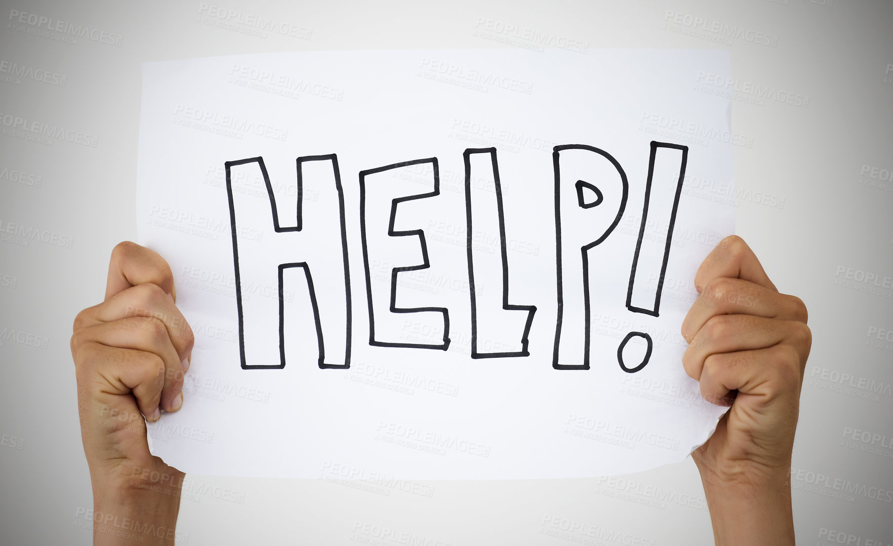 Buy stock photo Studio shot of an unrecognisable person holding up a sign that says “help” against a grey background