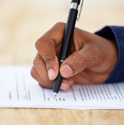 Buy stock photo Business man, hands and writing on law contract for accounting and job application in office. Paperwork, pen and corporate document on table with working and signature for hiring at attorney firm