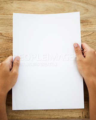Buy stock photo Hands, blank page and desk with space for mock up, creativity and notes for studying at art college. Person, paper and learning with development for sketch, ideas and drawing for assessment at school