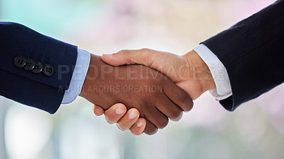 Buy stock photo Handshake, partnership and contract with closeup of business people for welcome, thank you and deal. Teamwork, hiring and meeting with employees shaking hands for interview, networking and promotion