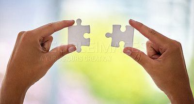 Buy stock photo Hands, puzzle and office for business solution with connection, synergy or integration at company. Person, toys and creativity for problem solving, strategy or link with ideas for vision in workplace