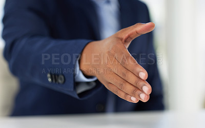 Buy stock photo Closeup, business man and open handshake in office for welcome, recruitment or agreement in negotiation. Person, human resources and sign of respect for kindness, shaking hands and deal in workplace