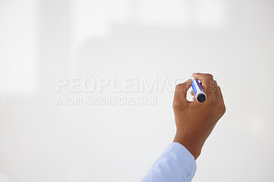 Buy stock photo Business person, writing and hand with whiteboard for planning and professional ready for startup notes. Learning, working and seminar with office and mockup space for workshop ideas and training