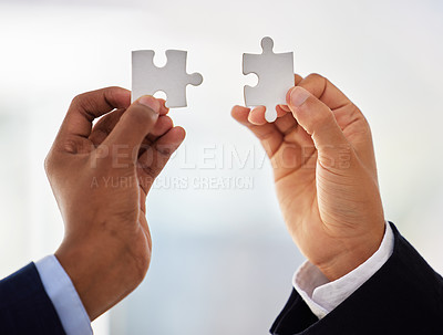 Buy stock photo Hands, puzzle and people in office for solution with connection, synergy or integration at agency. Teamwork, toys and creativity for problem solving, strategy or link with ideas for vision at company