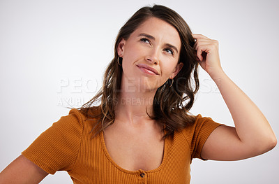 Buy stock photo Thinking, confused and woman in studio with doubt, questions or why emoji insight on white background. Planning, idea or curious model with memory, reflection or problem solving, guess or solution