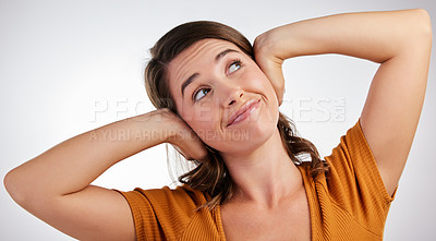 Buy stock photo Hands on ears, stop and woman in studio with fake news block, secret or annoyed with gossip drama on white background. No, noise and girl model with ignoring emoji, gesture or silence body language