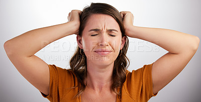 Buy stock photo Depression, headache and sad woman in studio with stress, fail or overthinking mistake on grey background. Anxiety, broken heart and model frustrated by vertigo, brain fog or overwhelmed by conflict