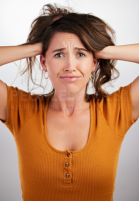 Buy stock photo Stress, fear and portrait of woman in studio with anxiety, fail or overthinking on white background. Trauma, panic or scared model overwhelmed by debt, economy or financial, crisis or inflation news