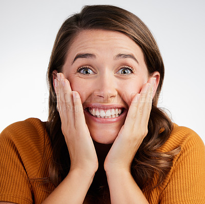 Buy stock photo Happy woman, portrait and surprise with good news for prize, announcement or offer on a white studio background. Face of excited female person with big smile in wow, happiness or amazing reaction