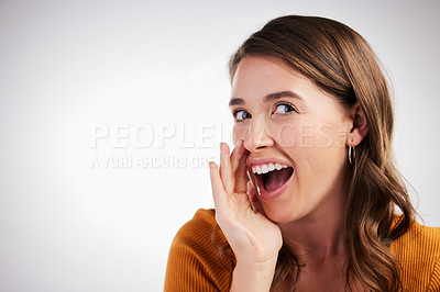 Buy stock photo Secret, portrait and woman with hand on mouth in studio for whisper, quiet or drama on white background space. Mockup, gossip and model with confidential news, information and hush deal announcement