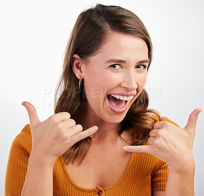 Buy stock photo Studio, portrait and woman with shaka sign, smile and excited expression. Face, happy and friendly icon from female model with hand gesture, greeting and surfs up emoji or call me signal or symbol