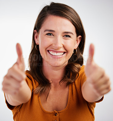 Buy stock photo Happy woman, portrait and thumbs up with good job for winning or success on a white studio background. Female person with smile, like emoji or yes sign for ok, well done or thank you for approval