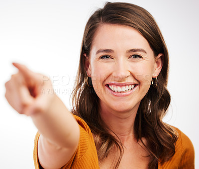 Buy stock photo Happy woman, face and hand pointing in studio for news, announcement or deal information on white background. Forward, direction and model show service review, feedback and offer, promo and results