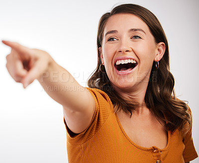 Buy stock photo Excited, woman and hand pointing in studio for wow news, announcement or deal info on white background. Forward, attention and happy model show service review, feedback and offer, promo or results