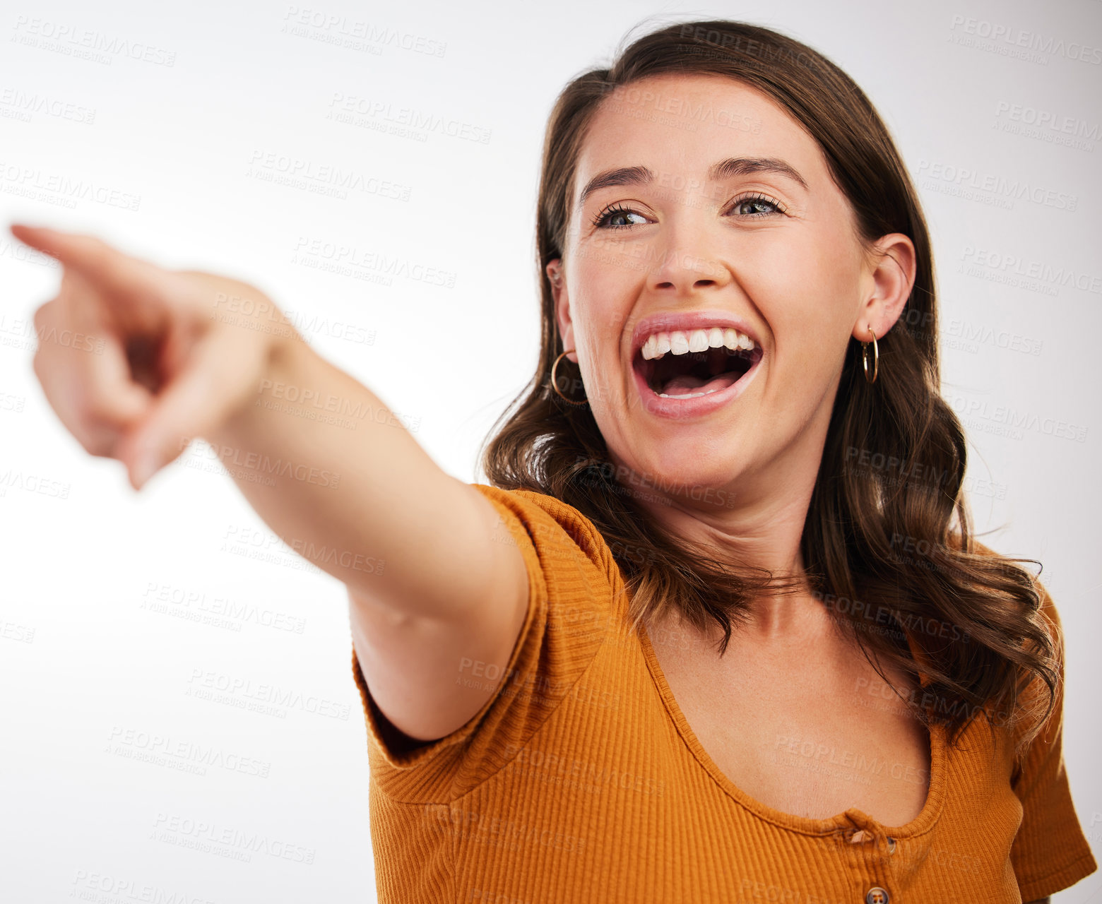 Buy stock photo Excited, woman and hand pointing in studio for wow news, announcement or deal info on white background. Forward, attention and happy model show service review, feedback and offer, promo or results