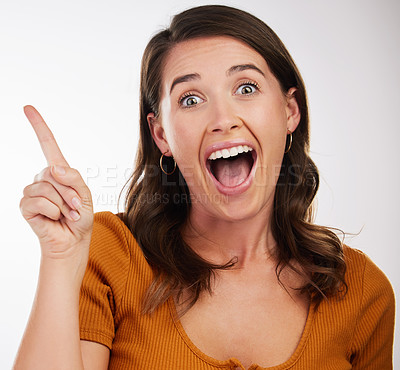 Buy stock photo Wow, idea and portrait of woman with hand pointing in studio for news, offer or shocking announcement on white background. Omg, face or model with emoji for unexpected giveaway, deal or prize