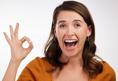 Buy stock photo Ok hands, portrait and excited woman in studio with support, motivation and thank you sign on white background. Feedback, review and model with perfect emoji for service, excellence or vote gesture