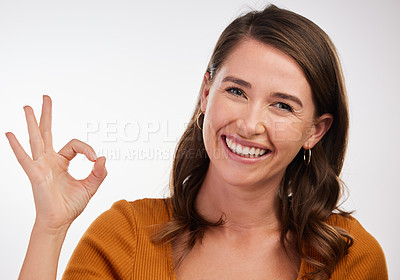 Buy stock photo Ok hands, portrait and happy woman in studio with support, motivation and thank you sign on white background. Feedback, review and model with perfect emoji for well done, excellence or vote gesture