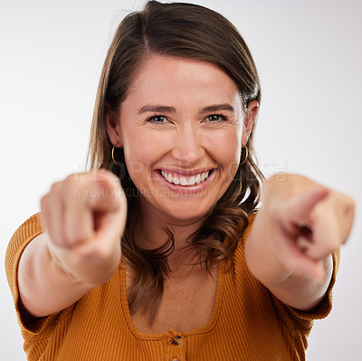 Buy stock photo Happy woman, portrait and hand pointing at you in studio for support, encourage or praise on white background. Excited, attention or model with choice emoji vote, invitation or volunteer motivation