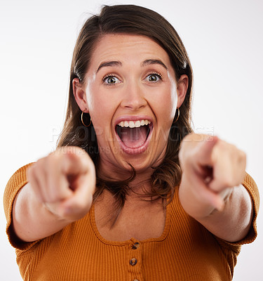 Buy stock photo Wow, portrait and woman with hand pointing at you in studio for surprise, vote or invitation on white background. Omg, attention and excited model with emoji shock for competition, prize or giveaway