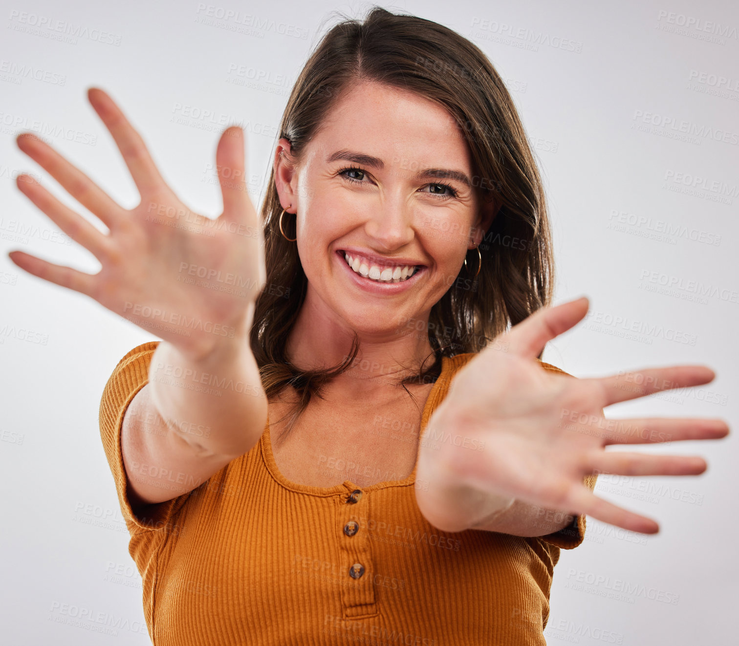 Buy stock photo Palm, wave and portrait of happy woman in studio with hello, welcome or warm greeting on white background. Hands, face and excited model with friendly hug offer for kindness, invitation or connection